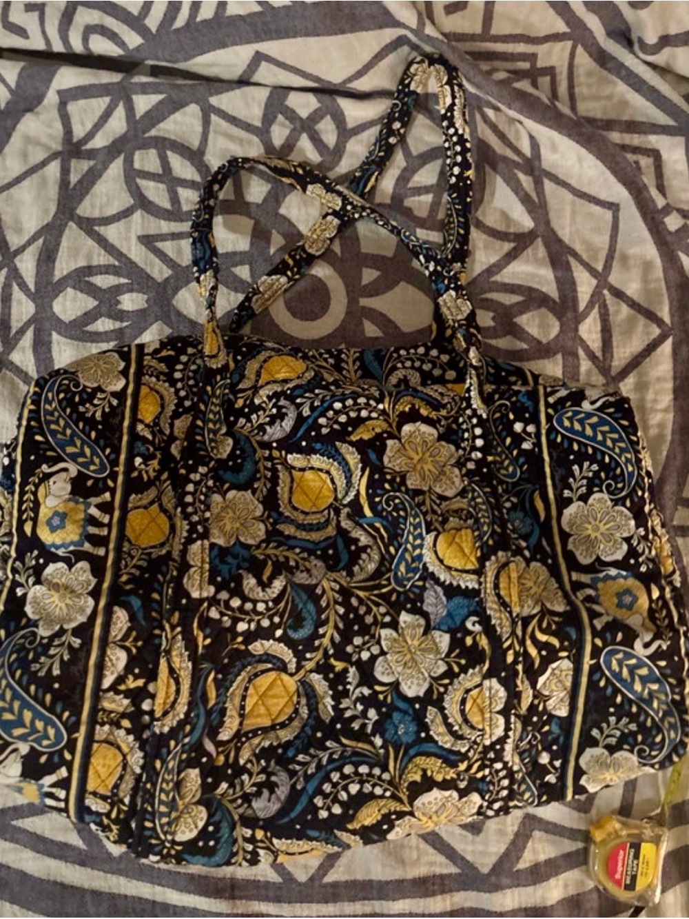Vera Bradley Black Quilted Travel Tote with Yellow & Blue Paisley